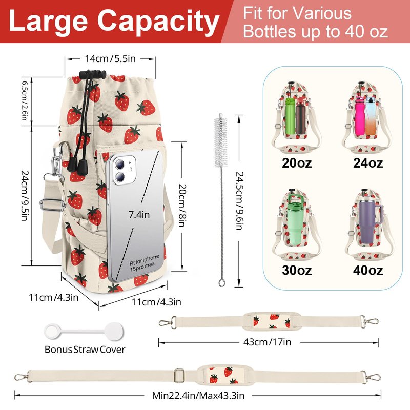 bolimoss Strawberry Water Bottle Holder with Strap 24 32/40oz Water Bottle Carrier Bag, Cute Water Bottle Sleeve with 4 Pocket, Sport Water Holder with Handle Shoulder Strap for Walking Hiking Camping