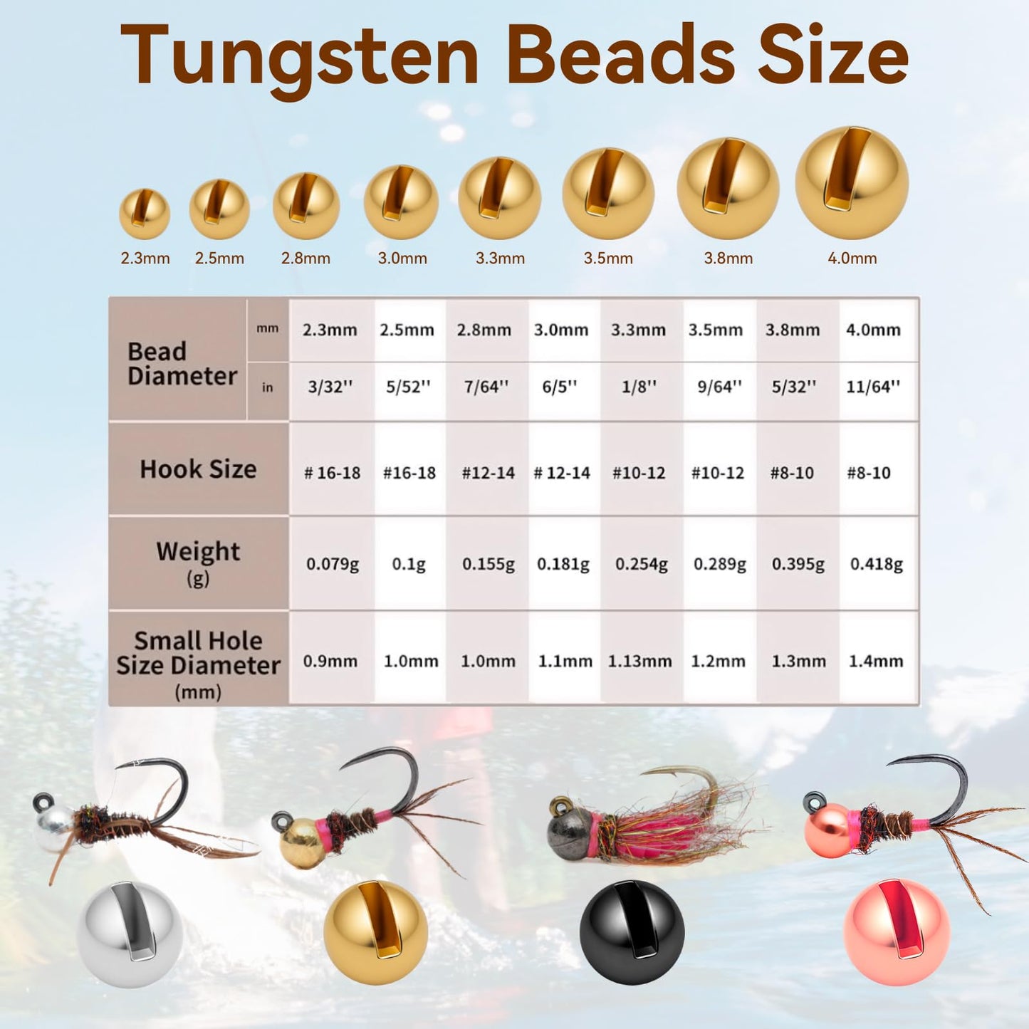 Gainfite 200pcs Fly Tying Tungsten Beads Slotted Nymph Head Ball (2.3mm, 4 Colors) for Fly Tying Materials, Fishing Accessories, Nymph Fishing