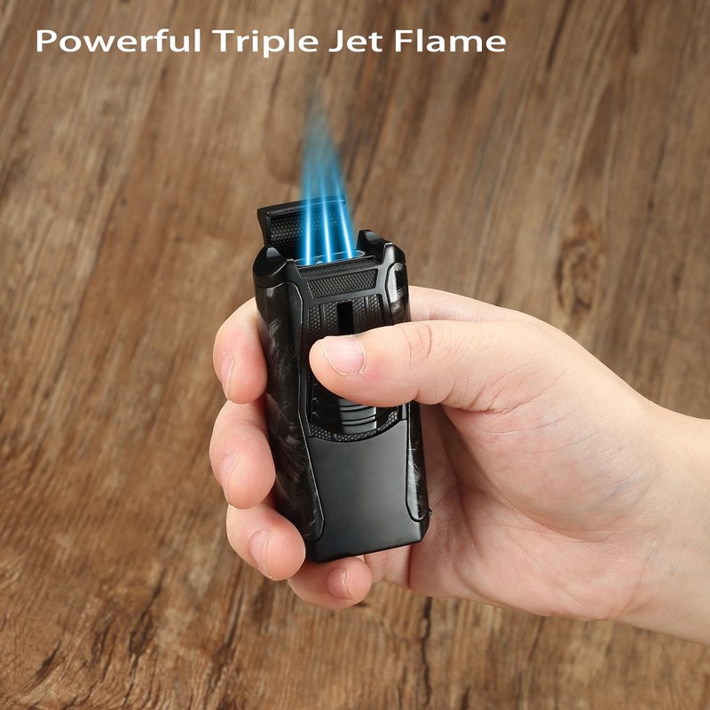 All in One 3 Jet Flame Butane Torch Lighter Built-in Cutter Cut, Punch, Holder Function, Draw Enhancer Tool, Refillable Windproof Gas Lighter (Sold Without Gas) ﻿ (Red Wood Grain)