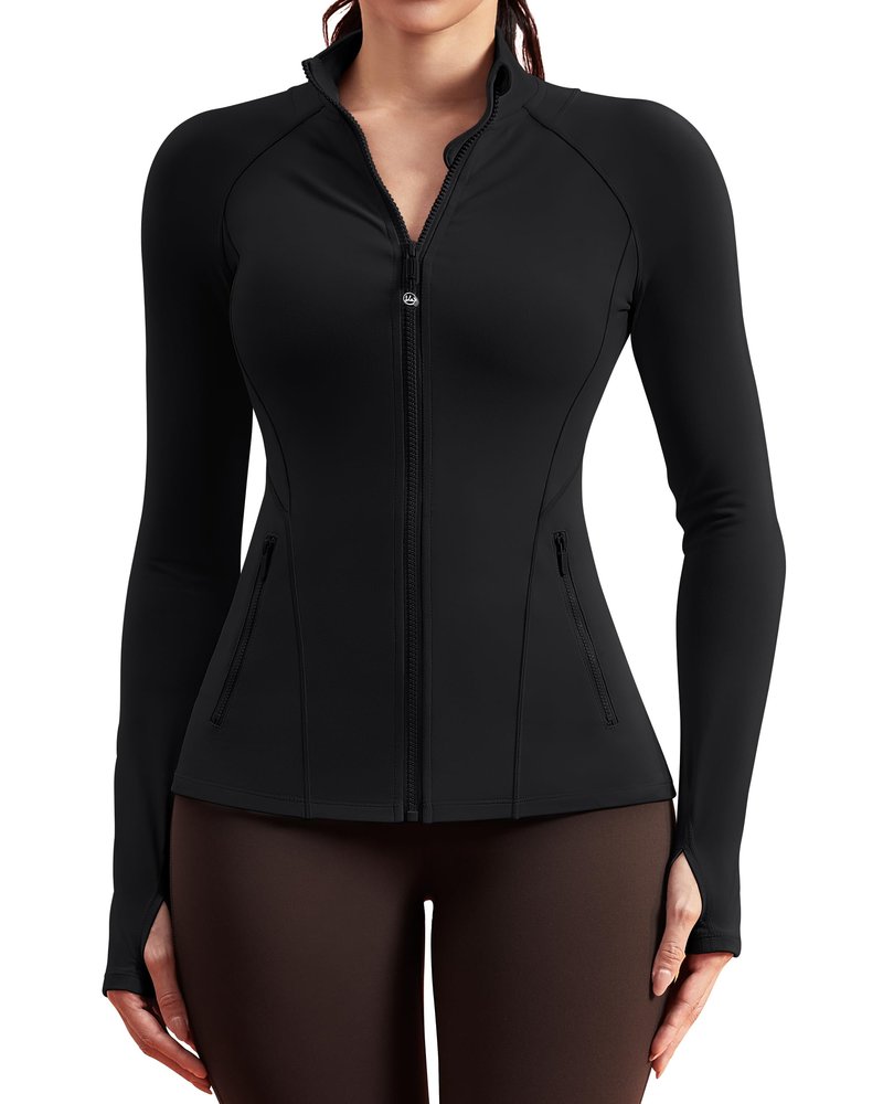 QUEENIEKE Workout Jackets for Woman Zip Up Long Sleeve Slim Fit Athletic Gym Tops Running Jacket with Thumb Holes (Black, Medium)