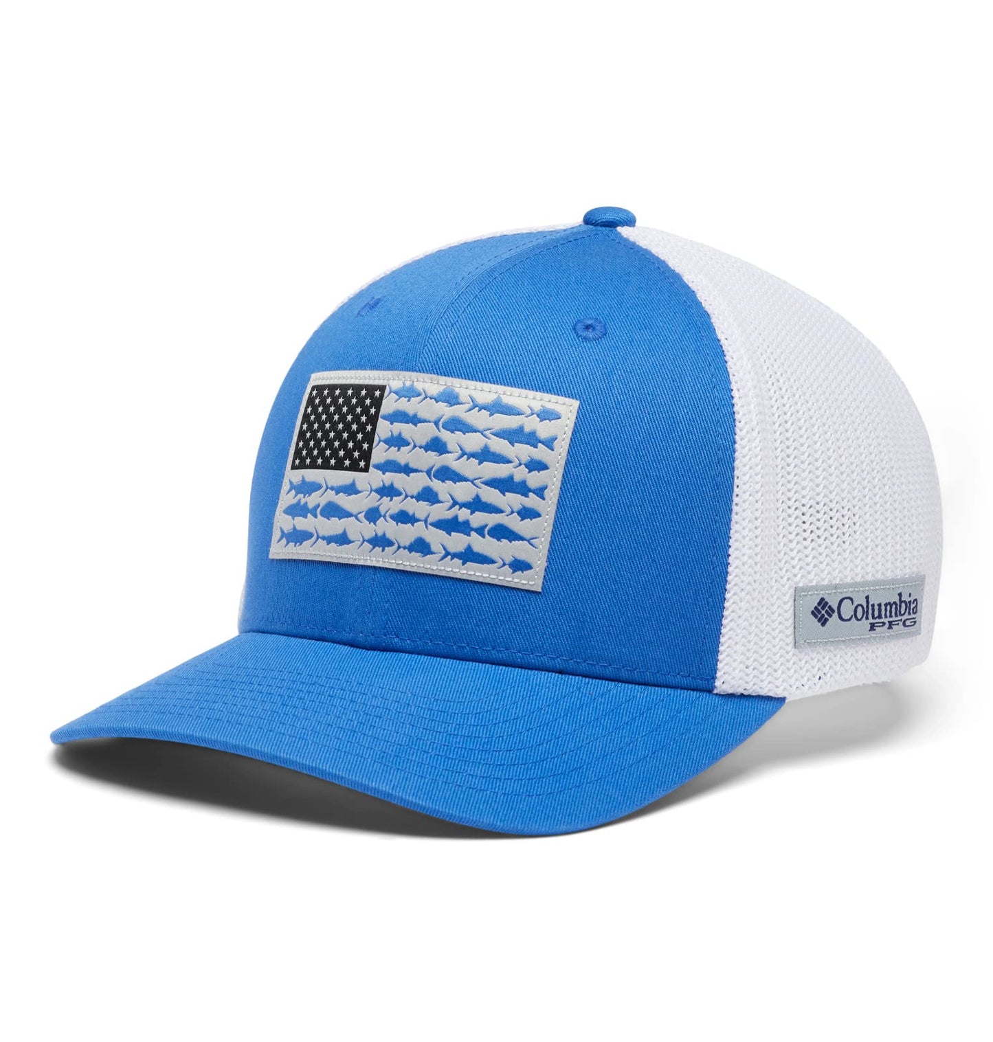 Columbia Unisex PFG Fish Flag Mesh Ball Cap - Low, Vivid Blue/White/US Fish Flag, Small/Medium