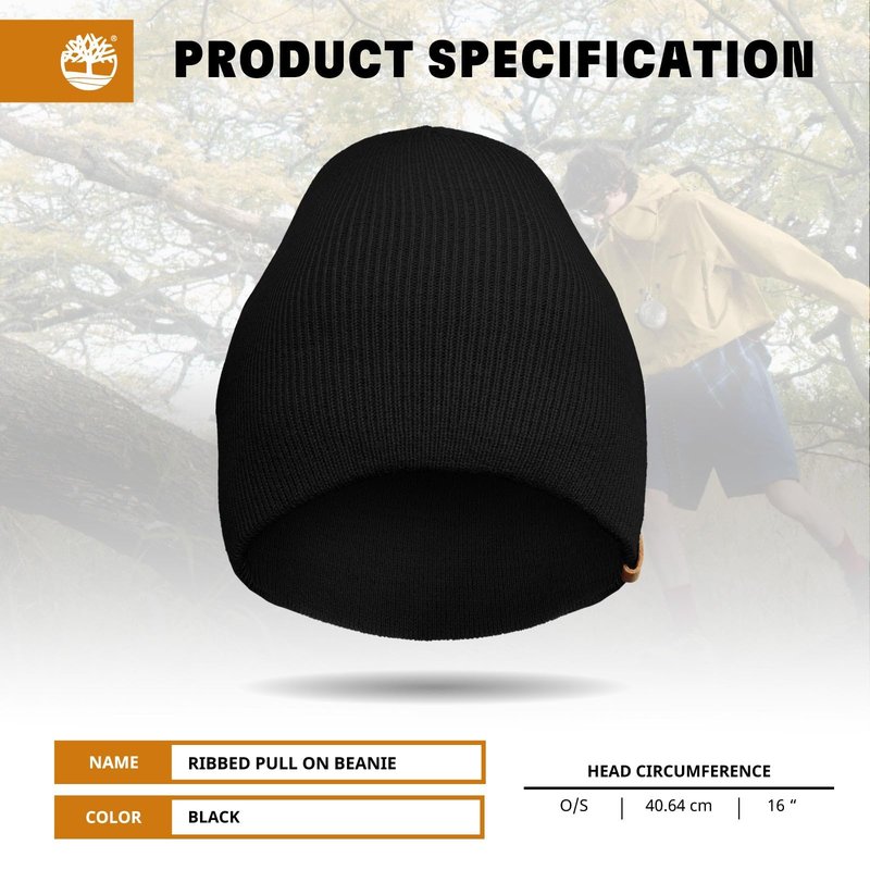 Timberland Men’s Ribbed Pull-On No Cuff Beanie - Soft Rib Knit Winter Hat, Stretch Fit, Warm Classic Look, Suede Logo Clip, Black, One Size