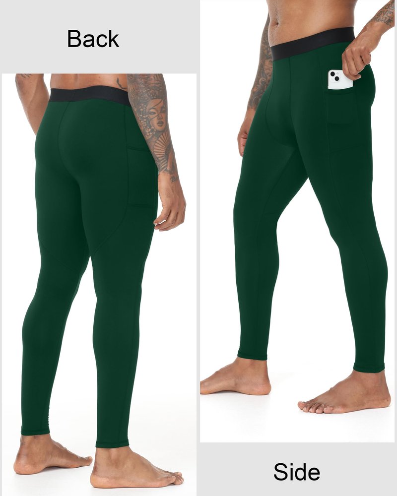 RIKUAOU Men's Thermal Pants Long Johns, Fleece Lined Compression Tights Leggings with Pockets, Ski Running Base Layer Bottoms Dark Green