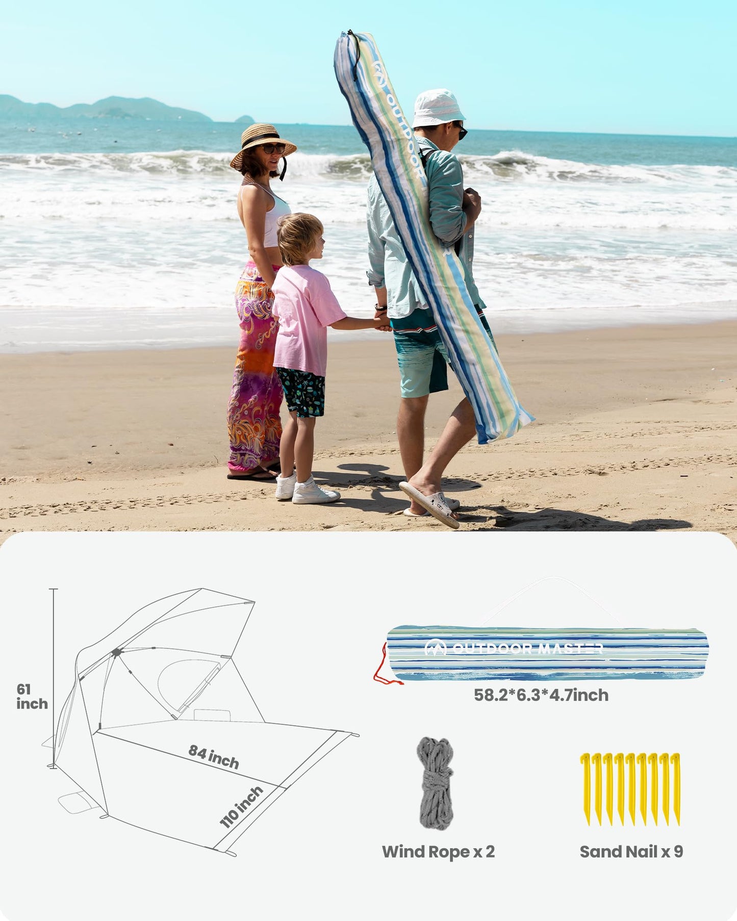 OutdoorMaster Pop Up Beach Umbrella, Portable Beach Tent Shelter, Beach Shade Sun Canopy with UPF 50+ UV Protection, Extendable Floor with Carrying Bag - Azure Jade Stripes