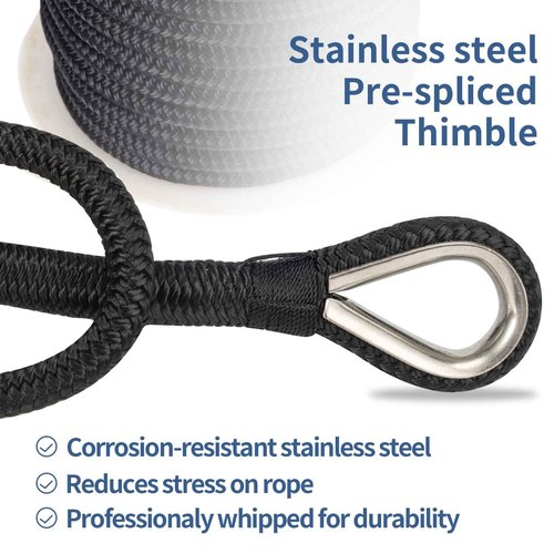 Double Braided Nylon Anchor Line with Stainless Thimble (Black, 1/2-Inch x 150-Feet)