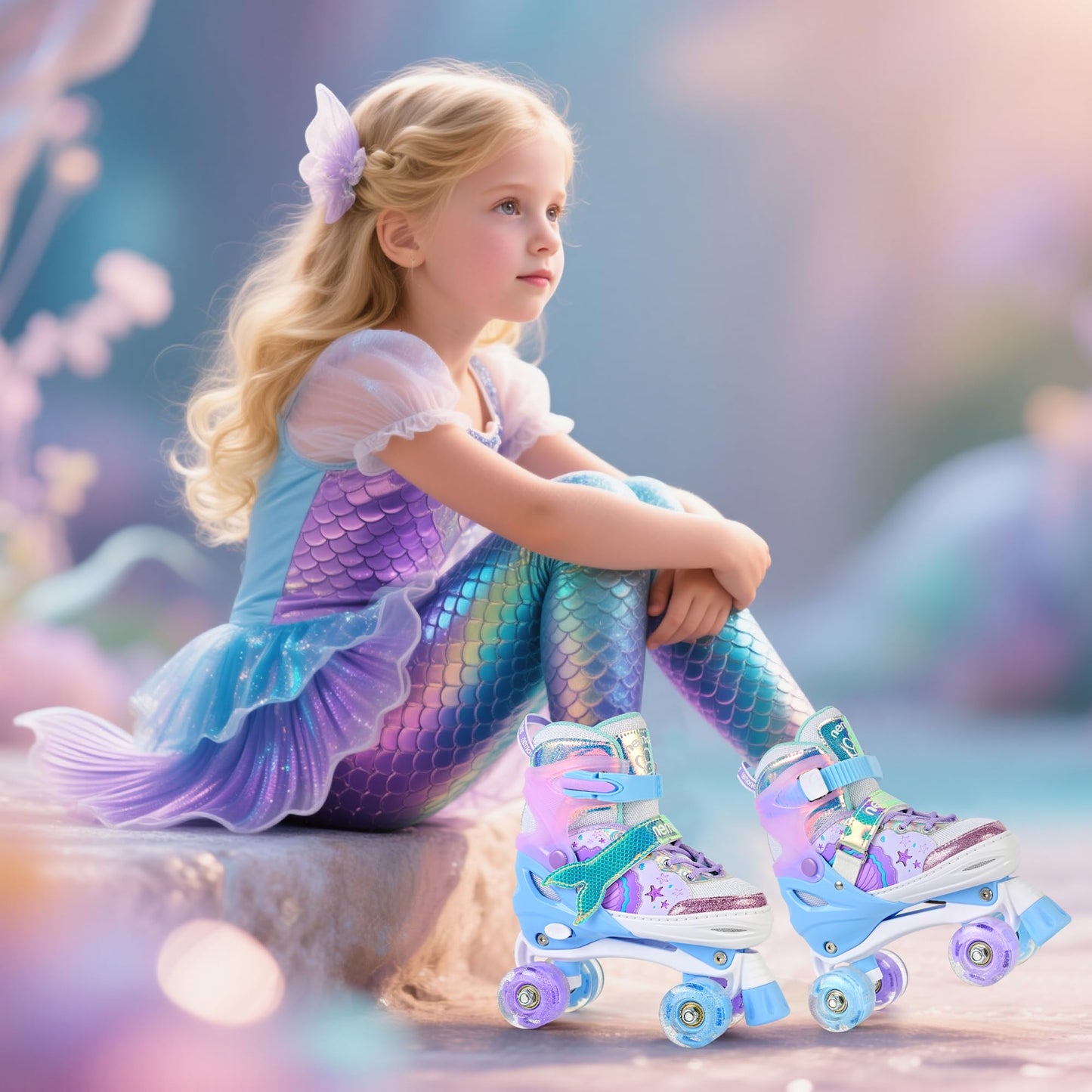 NEMONE Mermaid 4 Size Adjustable Light up Roller Skates for Girls, Blue Purple Skates for Toddlers, Beginner Kids Roller Skates Indoor Outdoor (Blue M)