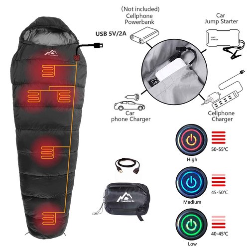 MANTUOLE Heated Sleeping Bag 5 Heating Zones, Operated with USB 5V/2A Battery or Other USB Power Supplies, Battery NOT Included, Mummy Style-Black.