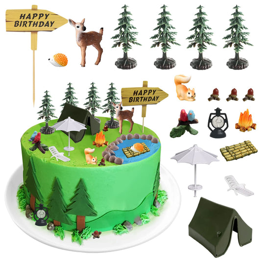 17 Pieces Camping Cake Topper Include Bonfires Squirrels Deer Birds Bamboo Raft Camp Party Cake Topper for Forest Woodland Camping Theme Kids Happy Birthday Decorations