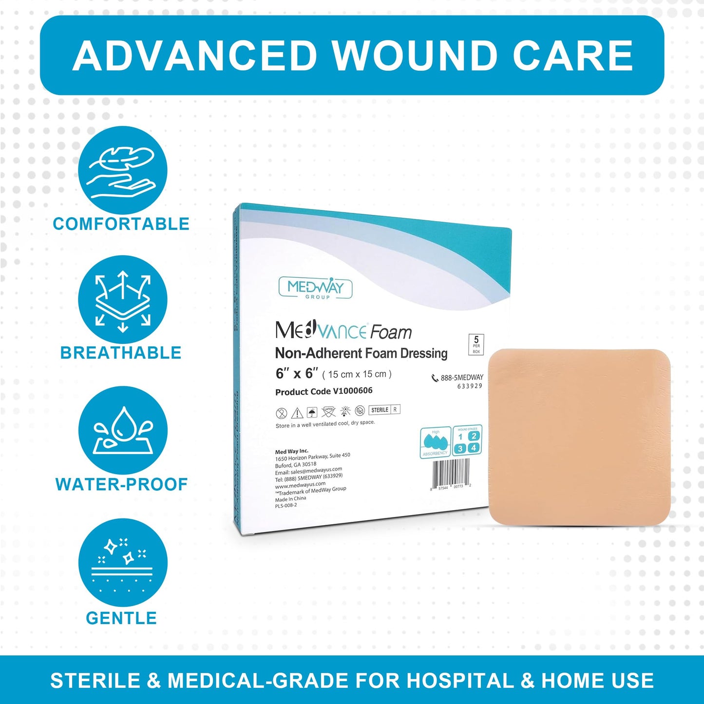MedVance TM Foam – Waterproof Non-Adhesive Hydrophilic Foam Dressing 6"X6" Box of 5 dressings