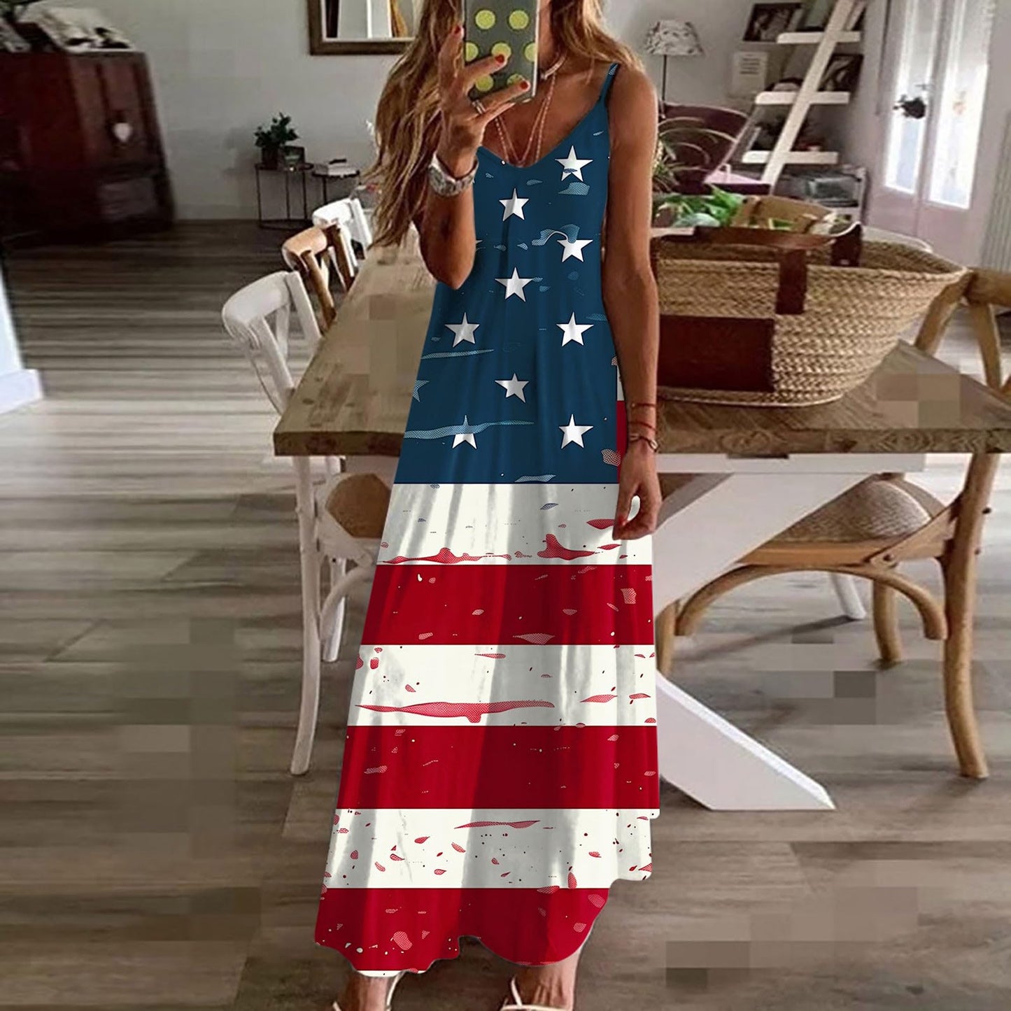 Early Prime of Deals of The Day Today Only Summer Dresses for Women 2024 Trendy Stars Strips Printed Sleeveless V Neck Patriotic Sundress 4th of July Maxi Dress