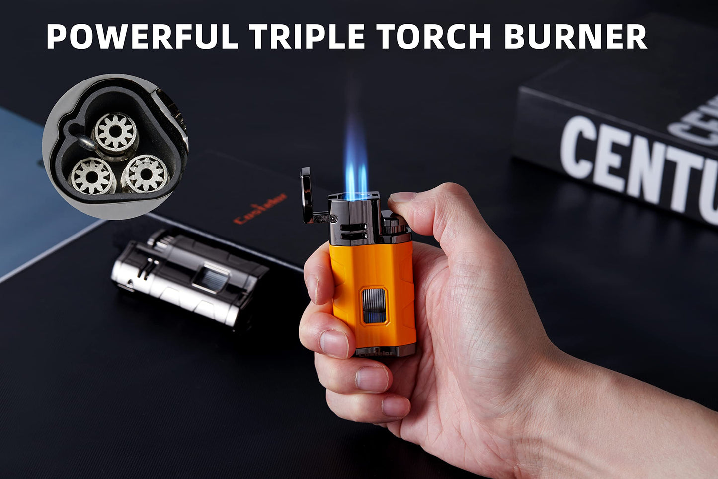 Castelar Torch Lighter Triple Jet Flame Refillable Butane Lighter with Punch Rest Holder - Butane Not Included (Yellow)