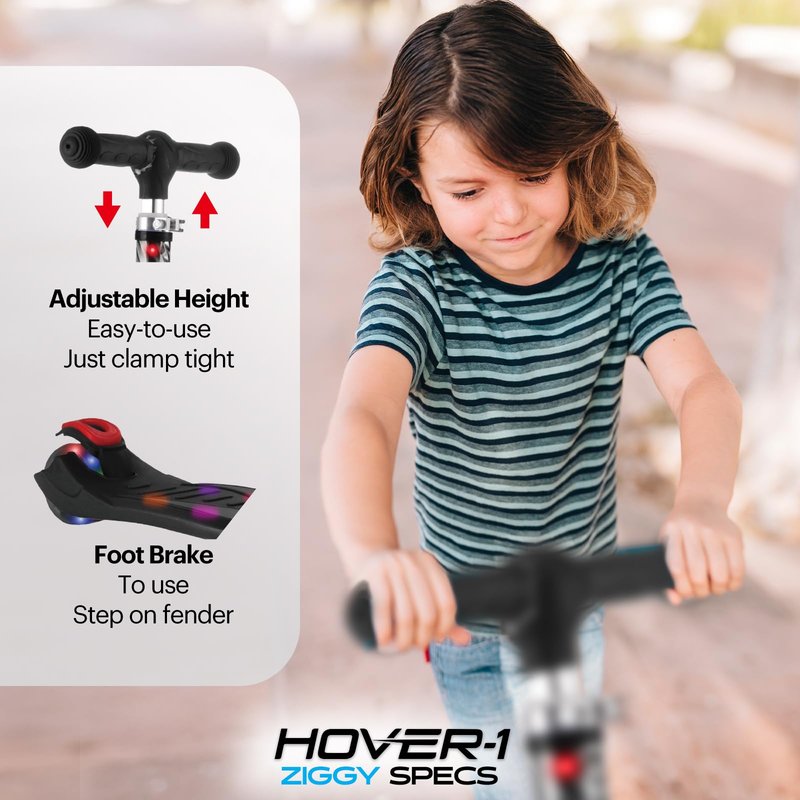 Hover-1 Ziggy Folding Kick Scooter for Kids (5+ Year Old) | Features Lean-to-Turn Axle, Solid PU Tires & Slim-Design, 110 LB Max Load Capacity, Safe, Black