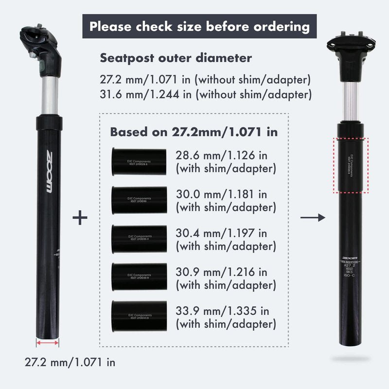 DJC Bike Suspension Seatpost Shock Absorber Damper Post 27.2 30.9 31.6 mm, Lightweight Aluminum Body(Black Head,27.2mm)