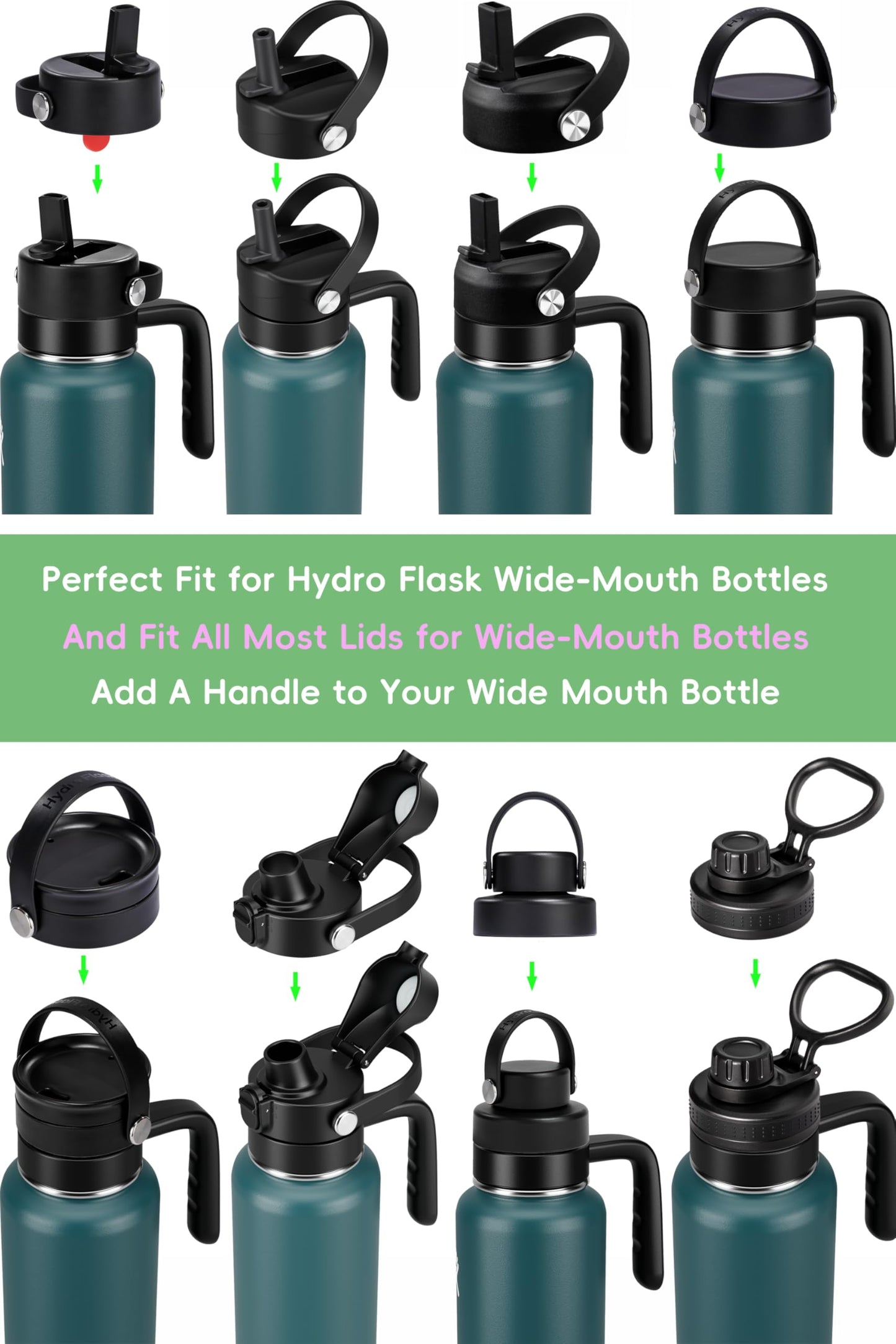 Replacement Lid for Hydroflask Wide Mouth Water Bottle, Top Lids with Straw for Hydro Flask Accessories, Top Sport Bottle Handle Cap for Hydroflask 12 16 20 32 40 64 128 oz Wide Mouth