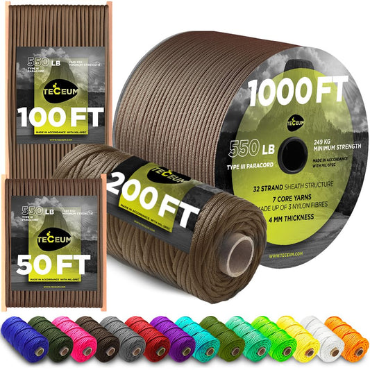 TECEUM Paracord Type III 550 Copper Brown – 50 ft – 4mm – Tactical Rope MIL-SPEC – Outdoor Para Cord – Camping Hiking Fishing Gear – EDC Parachute Cord – Strong Survival Rope 015 N