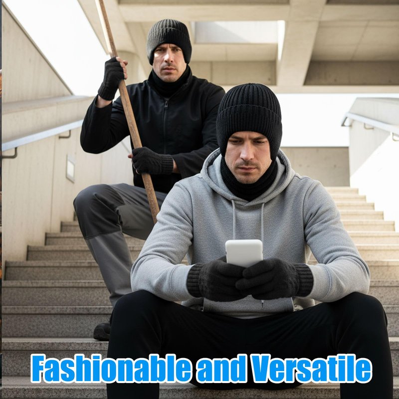 Chicingyou 8 Pcs Winter Warm Beanie Hat Scarf Glove Socks Set for Men Fleece Lining Thermal Knitted Earflap Cap Gift Outdoor(Black Gloves)