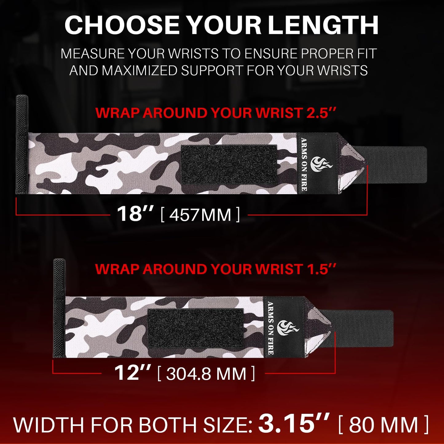 TECEUM Weightlifting Wrist Wraps with Thumb Loop – Black Camo – Arms on Fire – 12 inch – Heavy-Duty Workout Wrist Support & Protection – Ideal for Powerlifting, Strength Training, Bodybuilding
