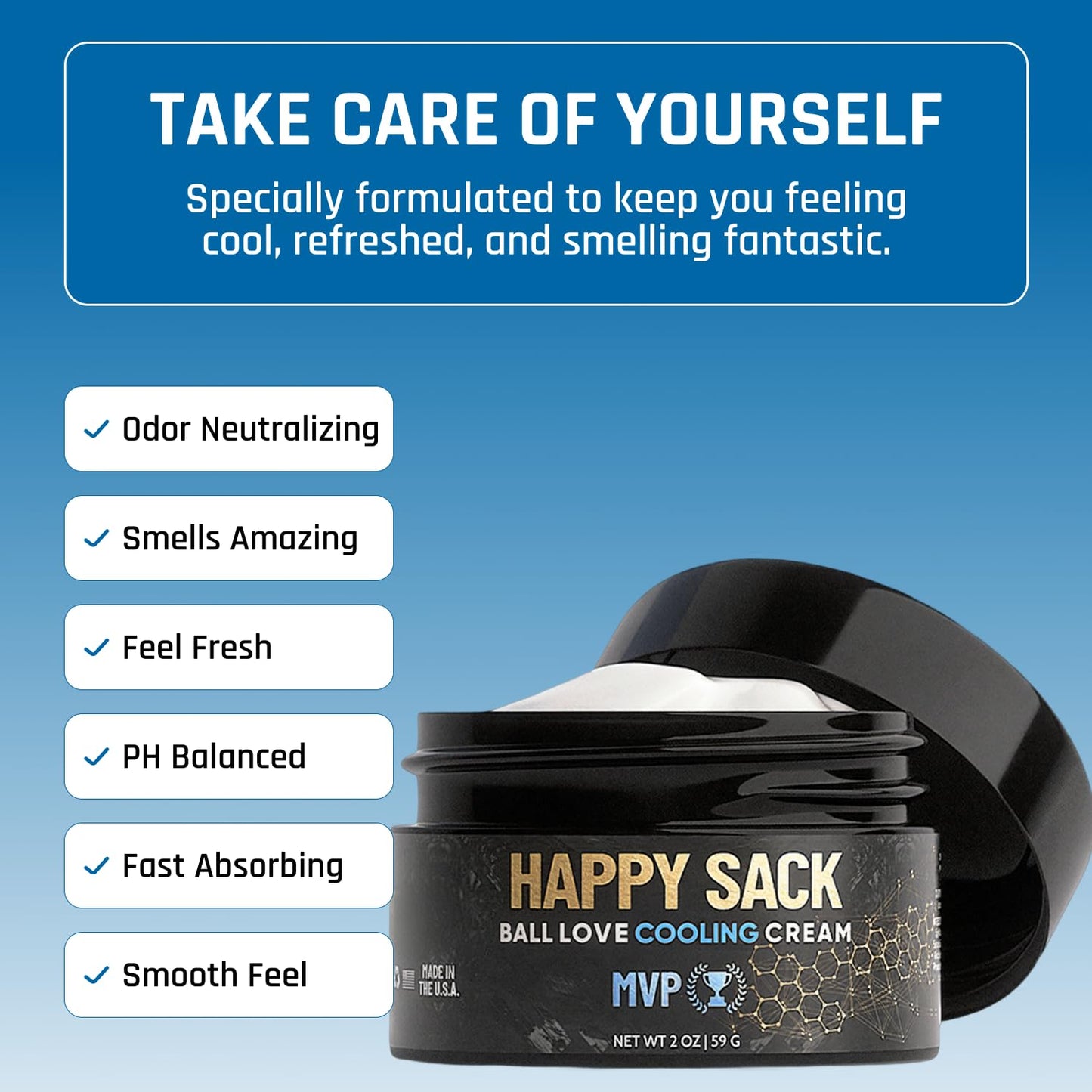 Derm Dude Happy Sack Ball Deodorant & Comfort Cream for Men | Anti-Chafing Sweat Defense, Odor Control, Aluminum-Free Deodorant & Hygiene Products for Men's Private Parts | MVP Scent, 2oz