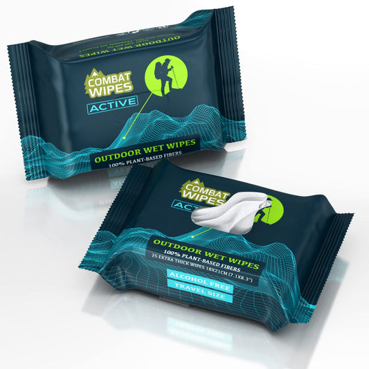 Combat Wipes ACTIVE Outdoor Wet Wipes - Extra Thick Camping Gear, Biodegradable, Body & Hand Cleansing/Refreshing Cloths for Backpacking & Gym w/Natural Aloe & Vitamin E(2 pack, 25 wipes each)