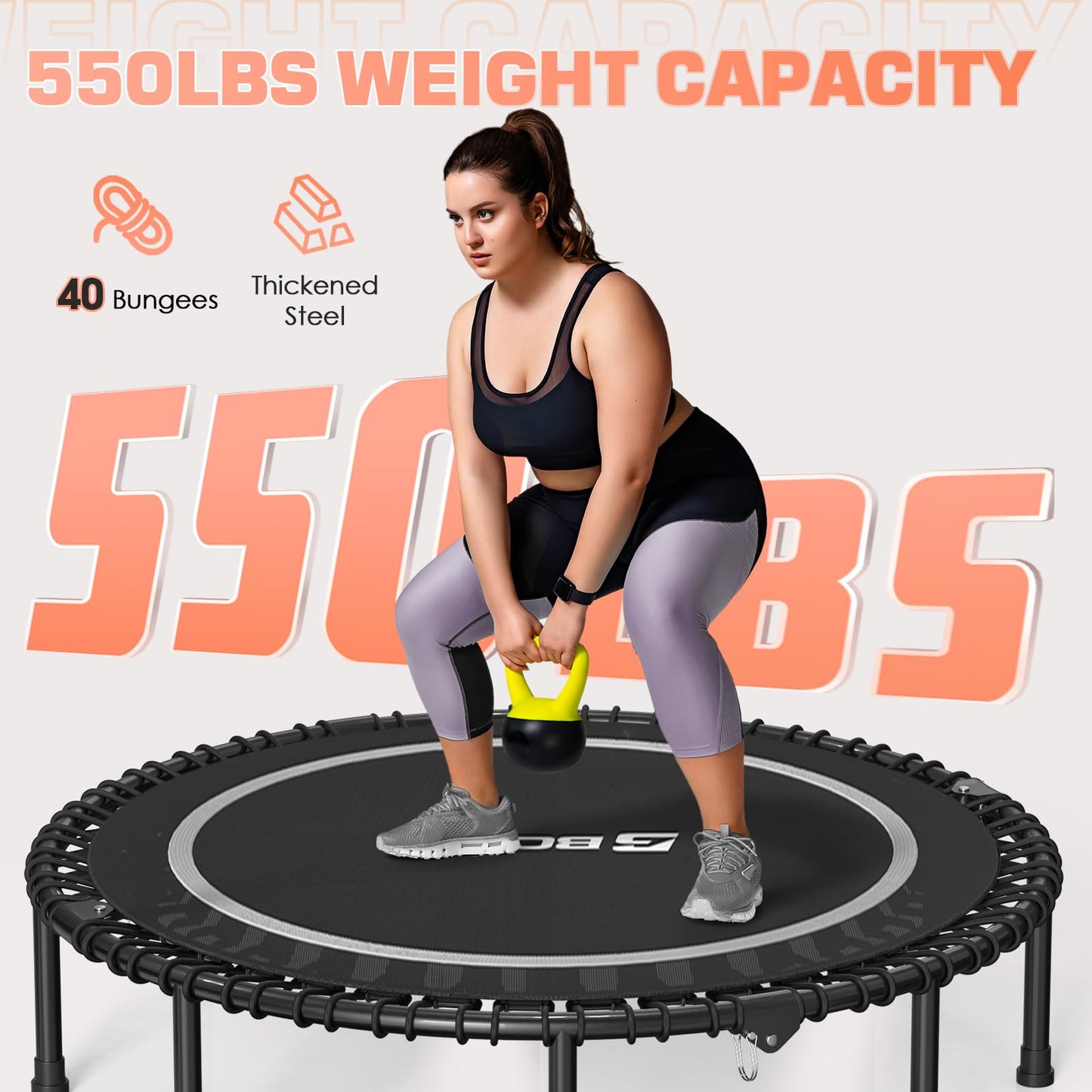 BCAN 550 LBS Foldable Mini Trampoline, 48" Fitness Trampoline with Adjustable Handle Bar, Bungees, Stable & Quiet Exercise Rebounder for Kids Adults Indoor/Garden Workout-Silver