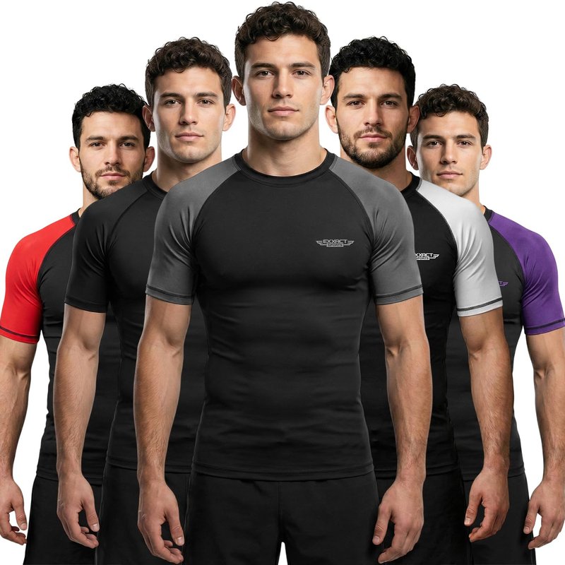 Exxact Sports Men’s BJJ Rash Guard Short Sleeve, IBJJF Ranked No Gi Jiu Jitsu Compression Shirt for MMA Grappling & Training - (Black/Grey, A2XL)