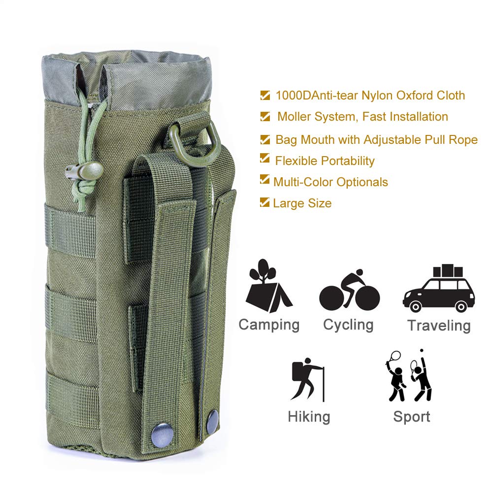 Upgraded Sports Water Bottles Pouch Bag, Tactical Drawstring Molle Water Bottle Holder Tactical Pouches, Travel Mesh Water Bottle Bag Tactical Hydration Carrier (Army-1Pack)