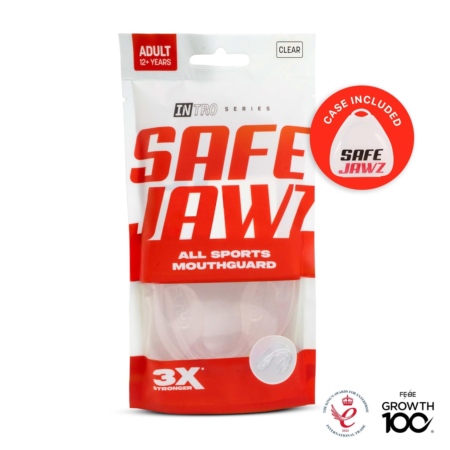 SAFEJAWZ Mouth Guard, Slim Fit Mouthguard for Youth with Case, Easy Fit Remoldable Mouthpiece for Football, Boxing, Lacrosse, MMA, Basketball & All Contact Sports (Kids <11 Years, Clear)