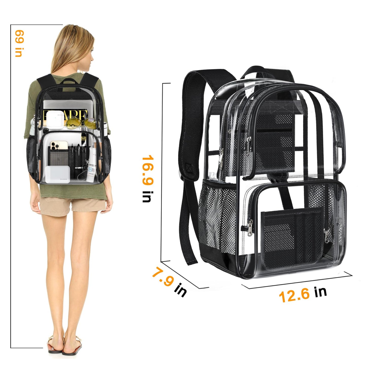 PAMANO Clear Backpack Heavy Duty Transparent See Through Bag for College Work Travel Security,Black