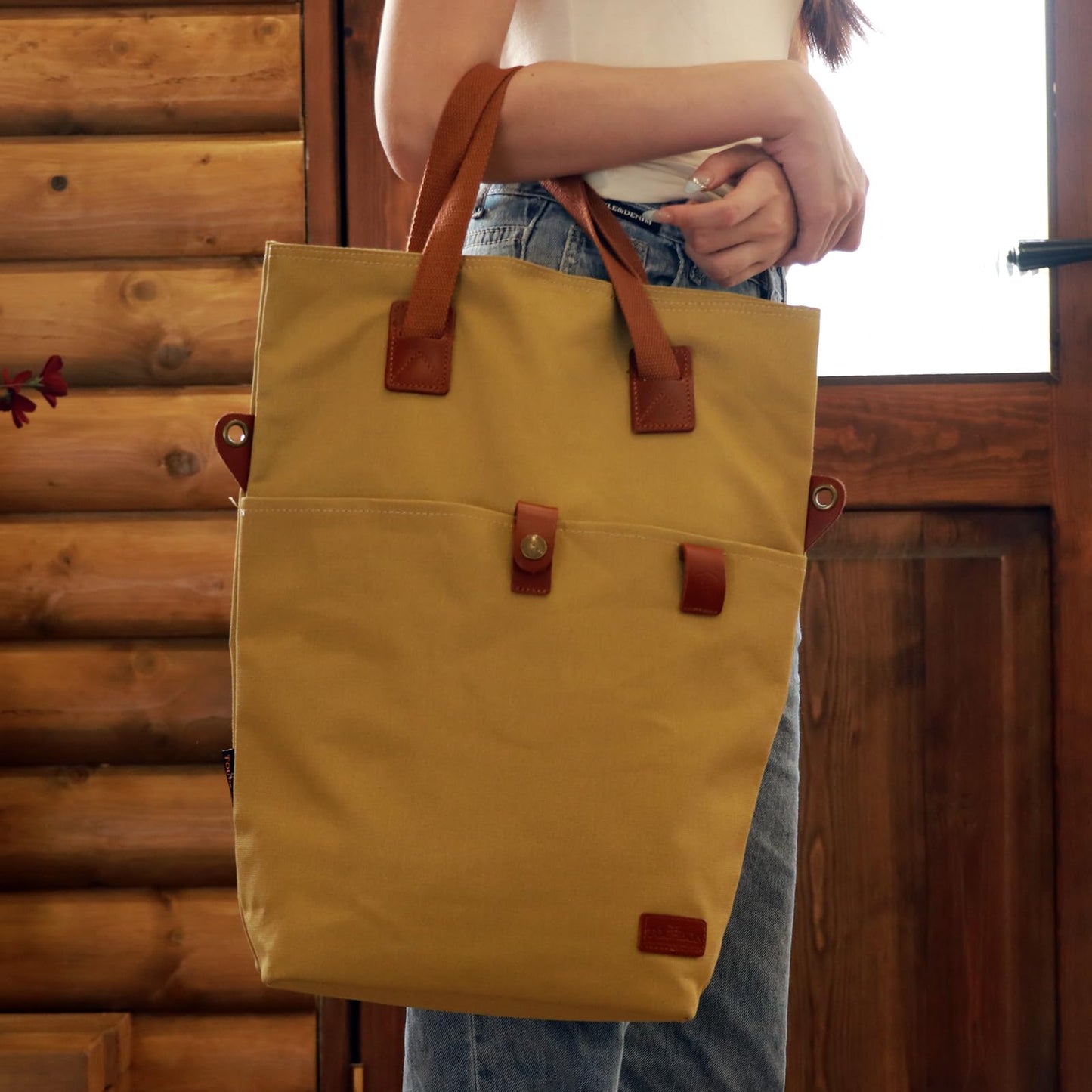 TOURBON Canvas Clip-On Quick-Release Bike Panniers Women's Shoulder Tote Bag - Khaki