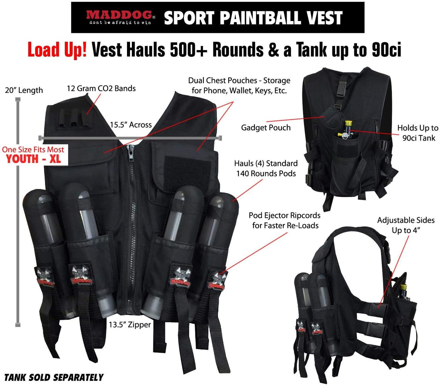 Lightweight Tactical Paintball Vest - Holds 4 Pods & 90ci Tank | Adjustable Fit