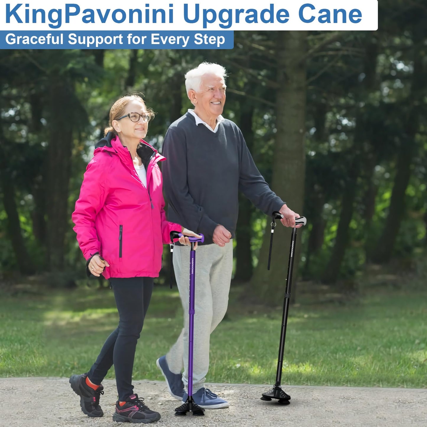 KingPavonini Walking Cane for Men Women Stability, Self Standing, Black