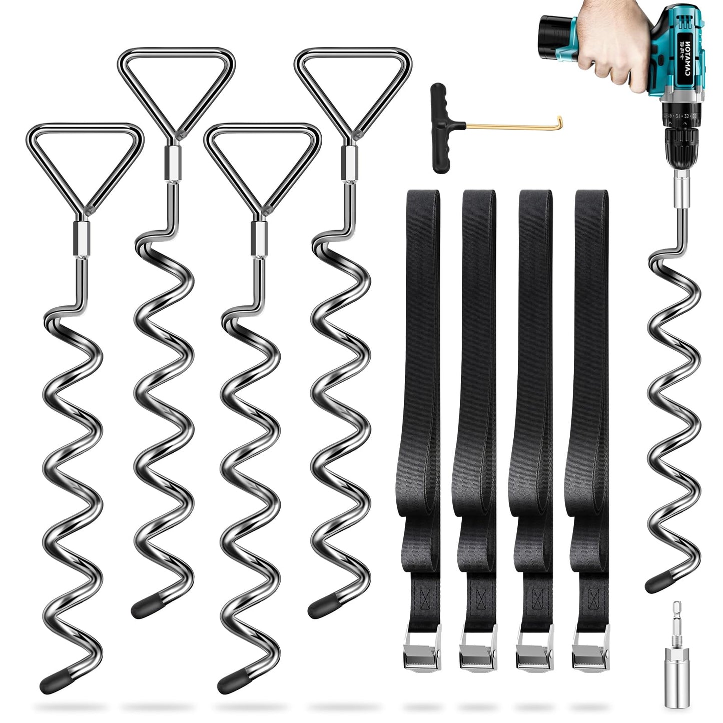 Payivsve Trampoline Stakes Anchors Ground Anchors Screw in, Silver-4Pack