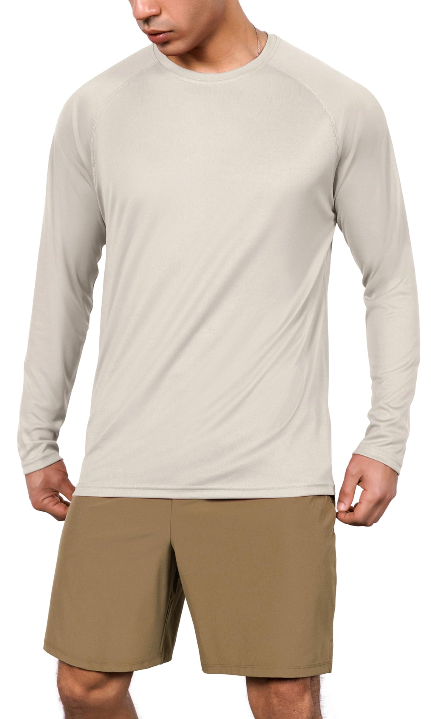 ODODOS Men's Quick Dry Long Sleeve Shirts UPF 50+ Sun Protection SPF Athletic Tops Workout Fishing T-Shirts, Beige, Small