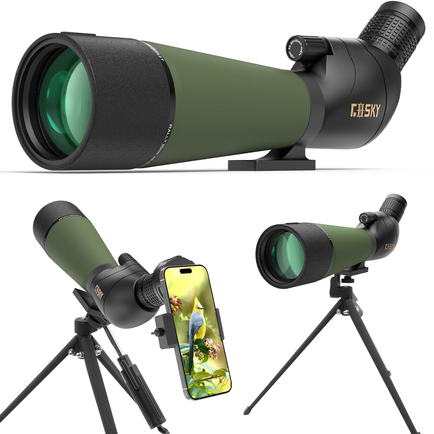 Gosky Updated 20-60x80 Spotting Scopes with Tripod, Carrying Bag and Quick Phone Holder - BAK4 High Definition Waterproof Spotter Scope for Bird Watching Wildlife Scenery1,Green