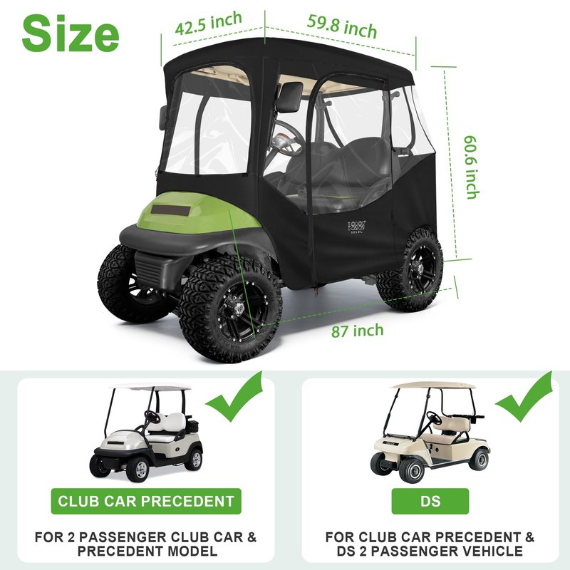 10L0L 2 Passenger Golf Cart Enclosure for Club Car DS & Precedent,Waterproof 600D Rain Cover,with Side Mirror Opening,Transparent Tail Light Panel,Foldable Door,Windshield,4-Sided Clear Windows