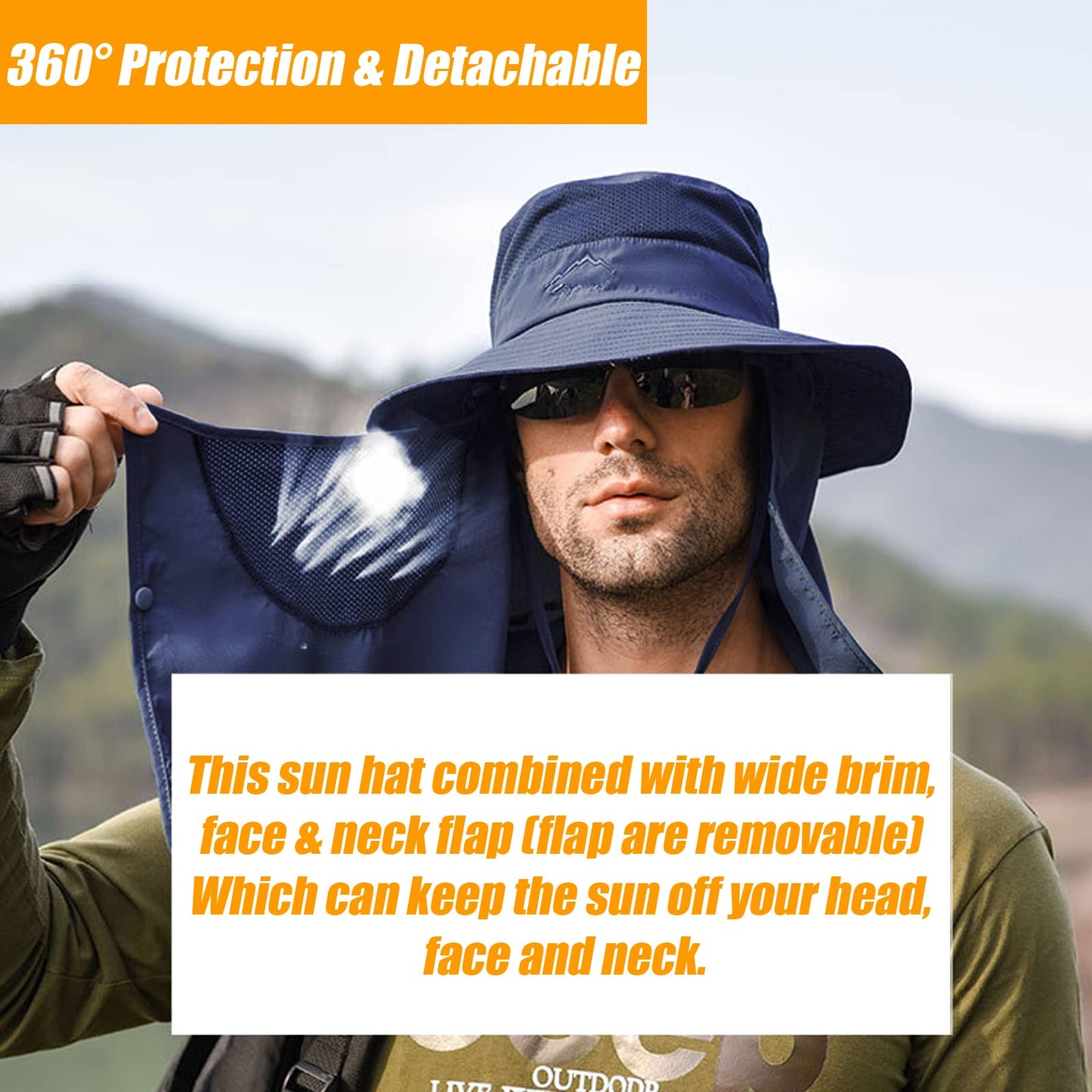 Fishing Hat for Men & Women, Outdoor UV Sun Protection Wide Brim Hat with Face Cover & Neck Flap Dark Blue