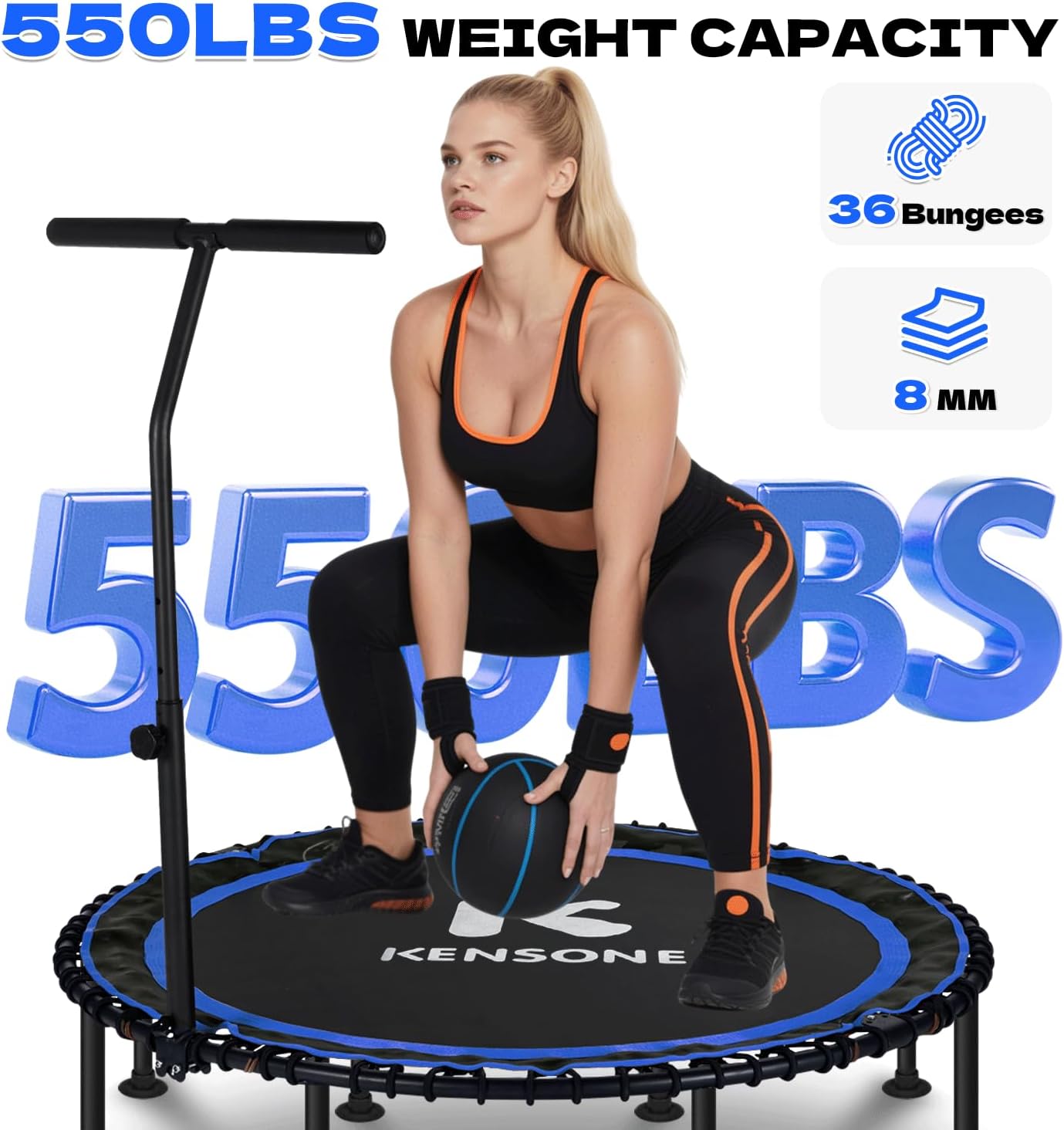 K KENSONE Foldable Rebounder Trampoline - 40/48" Indoor Mini Trampoline for Adults | 450/550 LBS Capacity, Quiet Bungee Design for Home Fitness