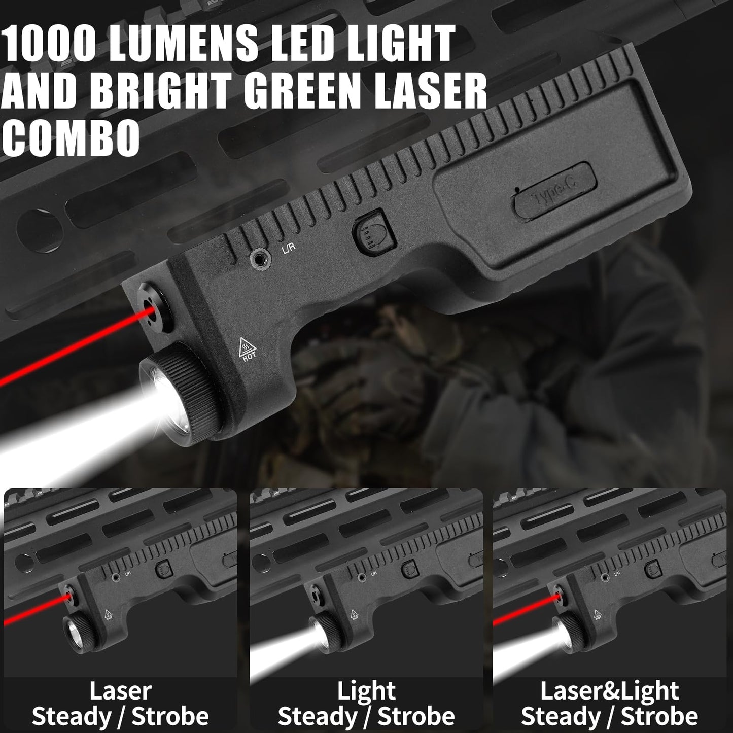 ZBULAR Strobe Function 1000 Lumens Light Laser Combo Compatible with M-Lok Rail Surface, Tactical Flashlight and Red Laser Sight for Rifle, USB-C Rechargeable IIIA Class Laser Power Output ≤5mW