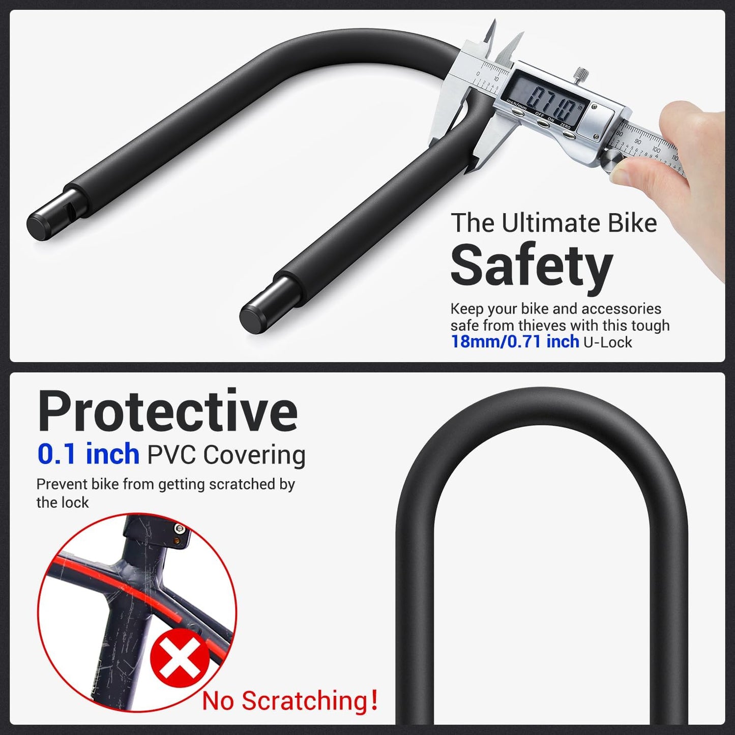 Sportneer Bike U Lock - Heavy Duty 18mm Shackle with 6ft Security Cable | Fits Road, Mountain & Electric Bikes, 9.85''x6.3''