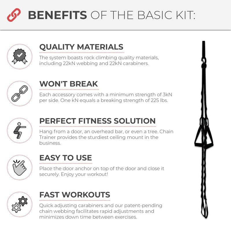 Chain Trainer Basic - Multi-functional Basic Fitness Freedom Workout Equipment: 2 Daisy Chain Straps, 2 Ergonomic Handles with Carabiners, 1 Door Anchor, 1 Mesh Drawstring Travel Bag, Black
