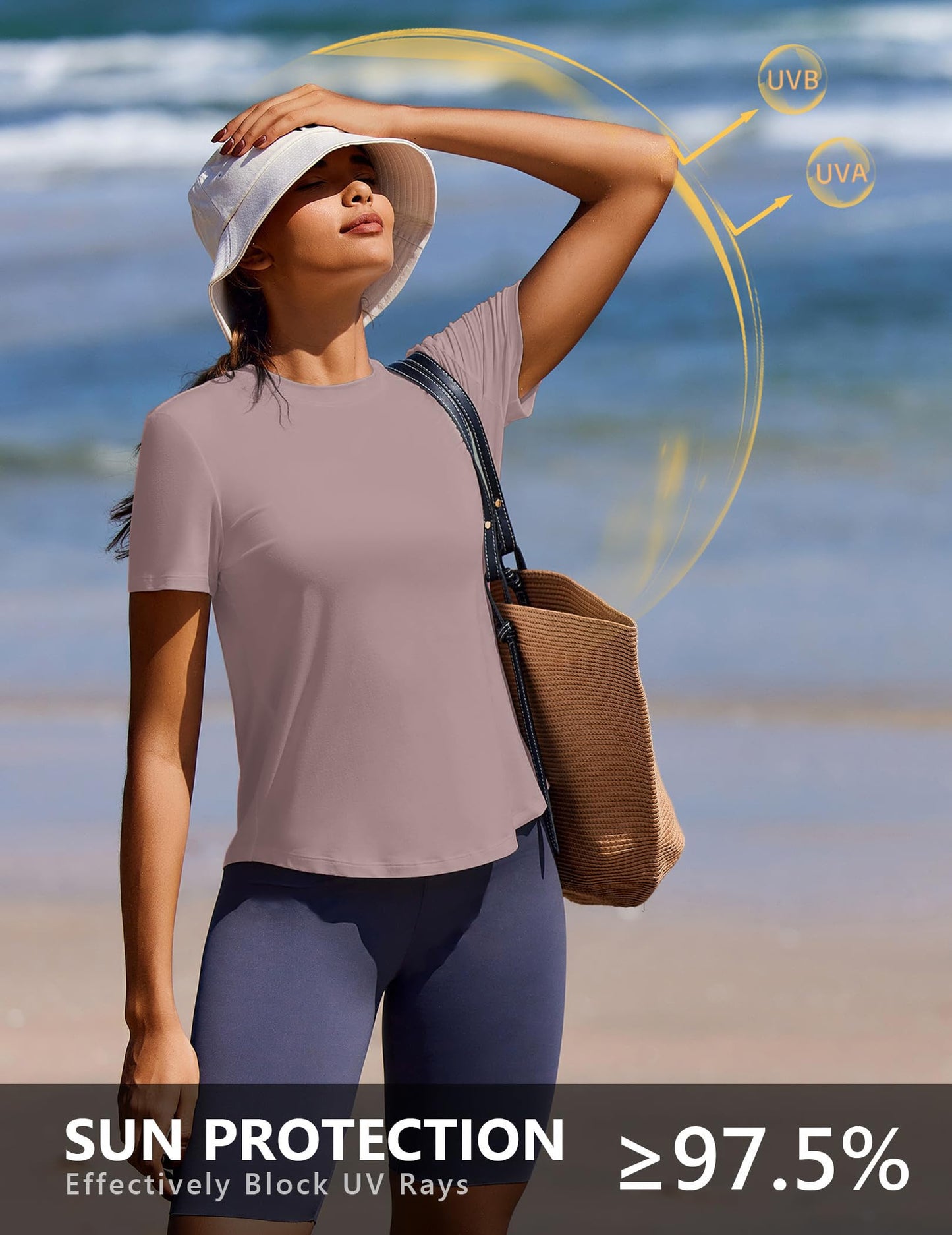 PINSPARK Soft Quick Dry Womens Workout Tops UPF 50+ Sun Shirt Short Sleeve Crew Neck Athletic Shirts for Casual Running Yoga Travel,Warm Tan X-Large