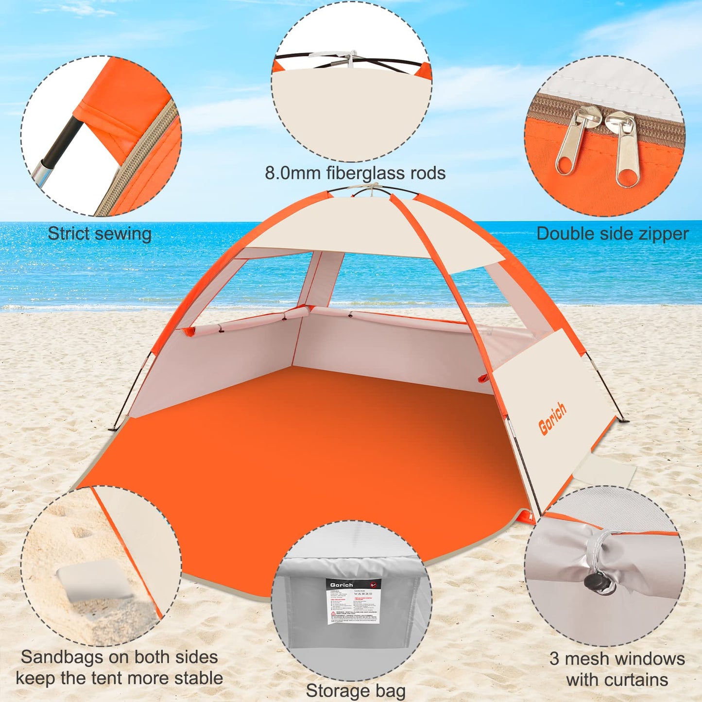 Gorich Beach Tent Sun Shelter for 3/4-5/6-7/8-10 Person with UPF 50＋ UV Protection, Lightweight & Easy Setup Beach Shade Canopy, Portable Beach Shade Tent Beach Cabana