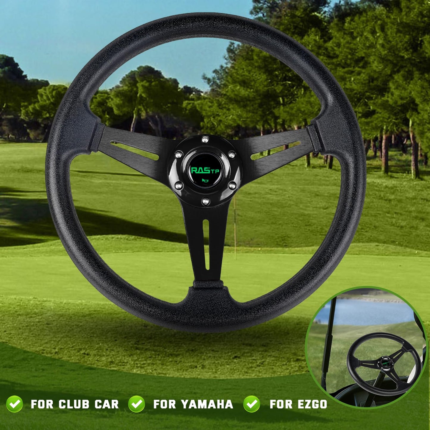 RASTP 13.8'' Golf Cart Steering Wheel for Club Car DS and Club Car DS Precedent EZGO Yamaha Golf Carts(Black)