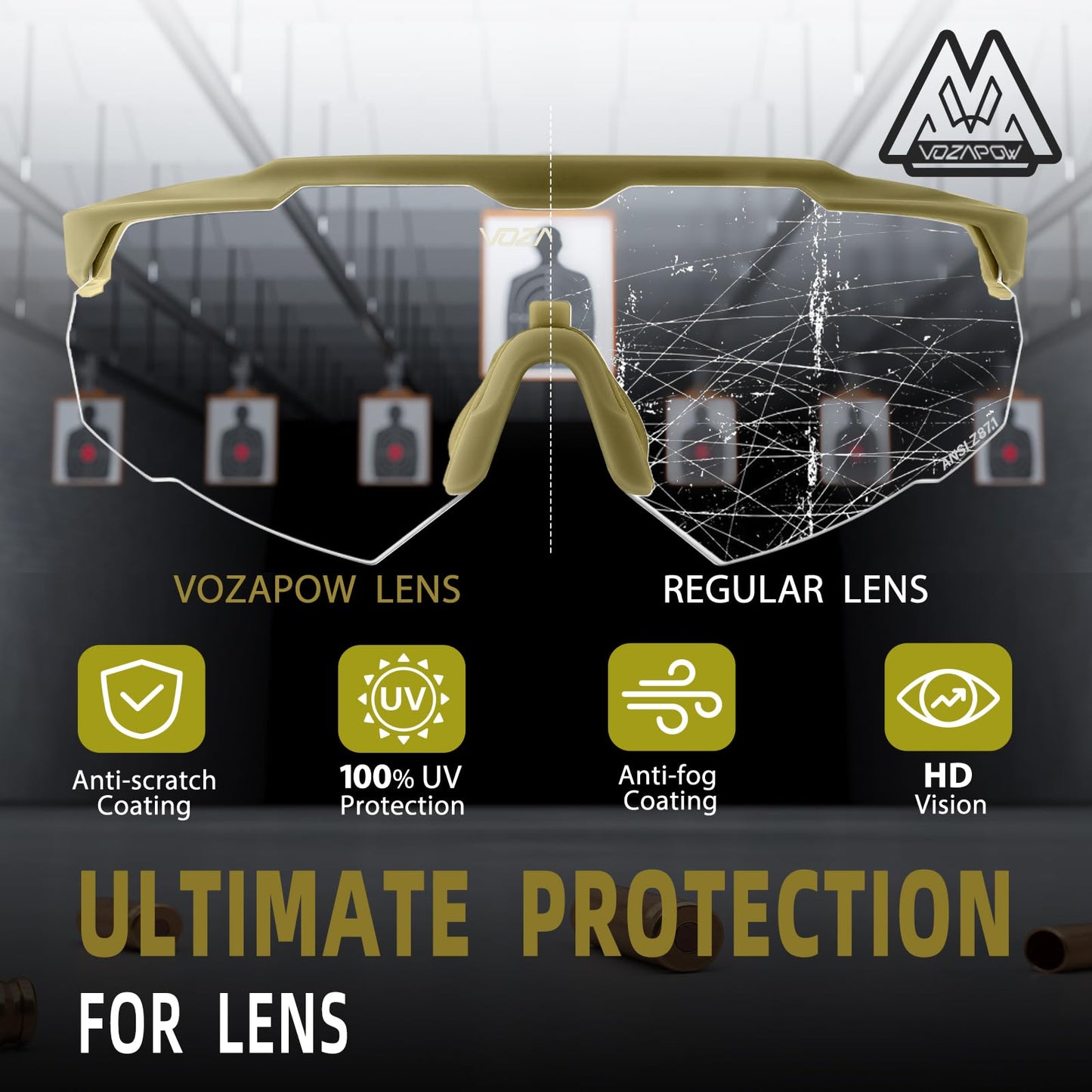 VOZAPOW Shooting Glasses Anti Fog with High Definition Lenses, ANSI Z87+ Certified Tactical Safety Glasses for Men Women