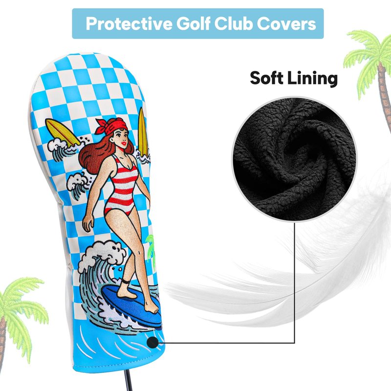 brdejc Golf Club Cover Surf Girl Embroidery Driver Covers Fariway Wood Headcover Hybrid Covers Leather Golf Headcovers for Most Brand(for Fariway Wood)