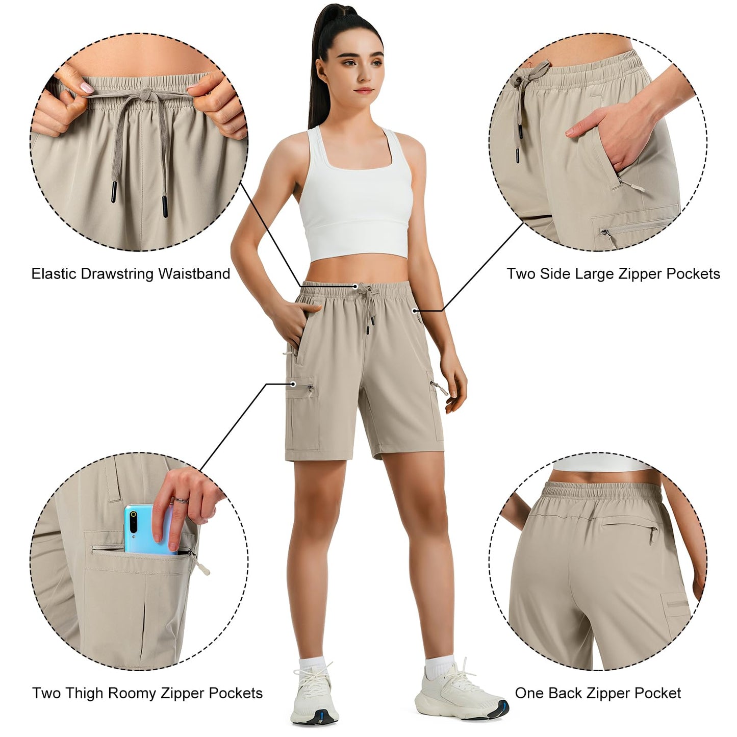 Hugut Women's Lightweight Hiking Cargo Shorts Quick Dry Athletic Shorts Camping Travel Golf Zipper Pockets Water Resistant Khaki
