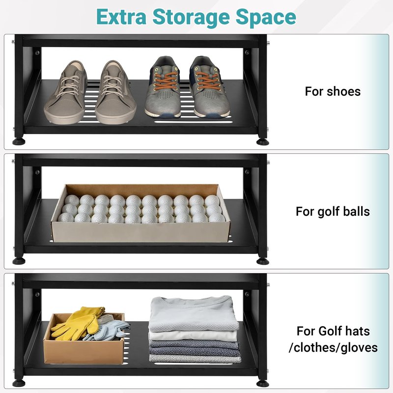 Eastrexon Golf Bag Organizer - Wall Mount & Freestanding - Holds 2 Golf Bags w/ 4 Club Racks, 10 Hooks & Storage Shelf - Golf Bag Stand w/Adjustable Feet for Garage, Store, Club, Shed