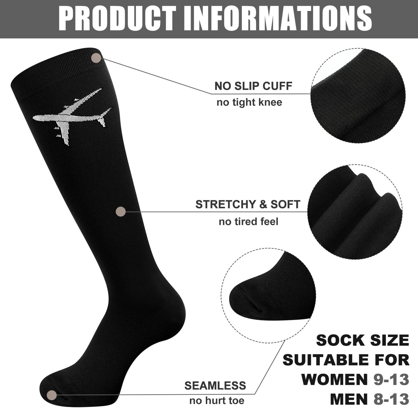 Skicuff 2 Pairs Travel Compression Socks for Men Women 15-25 mmHg Graduated Knee High Compression Socks for Travel and Flight(Classic)