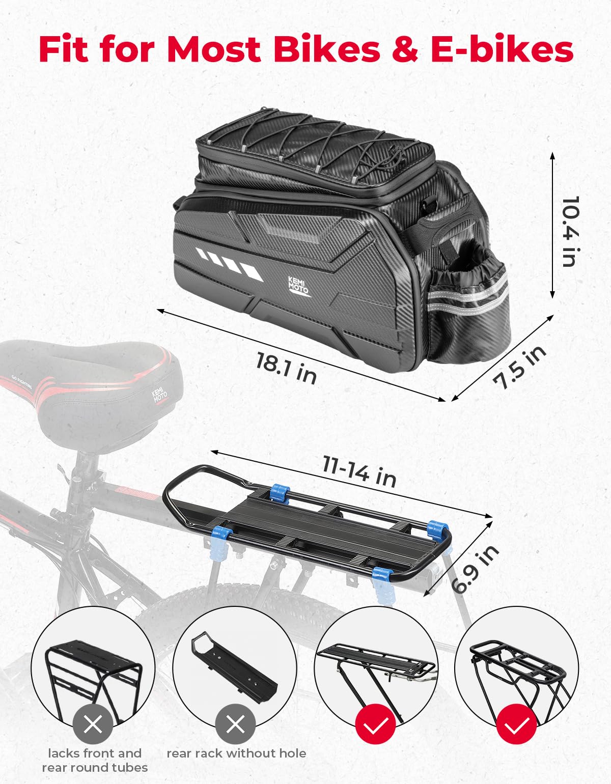 KEMIMOTO Bike Rear Bag, 11L/20L/40L EVA Hard Shell with Waterproof Cover, Bicycle Trunk with Shoulder Strap for Commuter Travel Outdoor