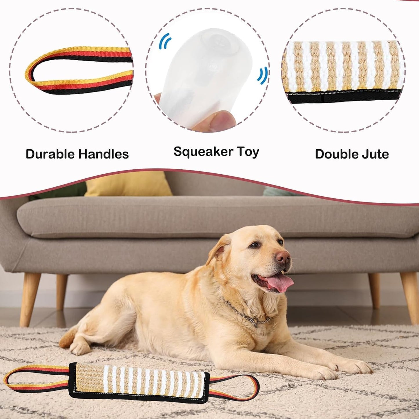 Dog Tug Toy - Tough Jute Pillow with Squeaky Sound & 2 Handles | Interactive Pull Toy for Medium to Large Dogs